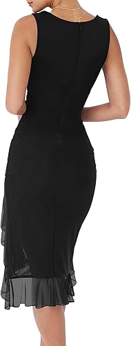 BORIFLORS Womens Sexy Ruched Bodycon Midi Dresses Square Neck Sleeveless Ruffle Hem Club Party Tank Dress