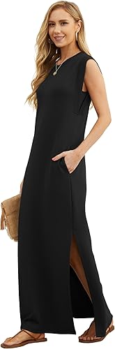 2025 GRECERELLE Women’s Long Maxi Dress Casual Loose Round Neck Split Pocket Style