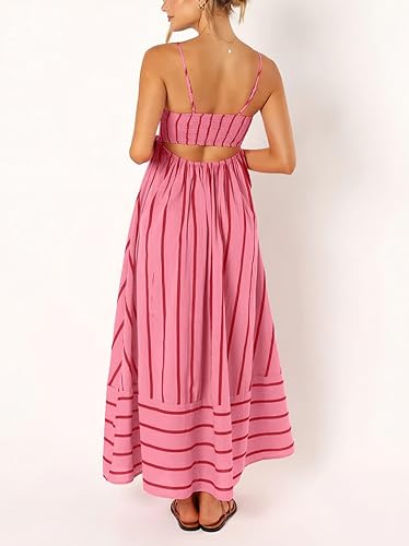 chouyatou Women’s Striped Maxi Dress Spaghetti Strap Cut Out Flowy Long Dress
