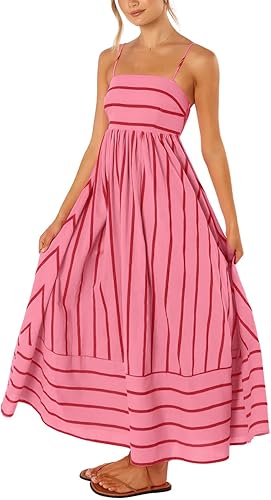 chouyatou Women’s Striped Maxi Dress Spaghetti Strap Cut Out Flowy Long Dress