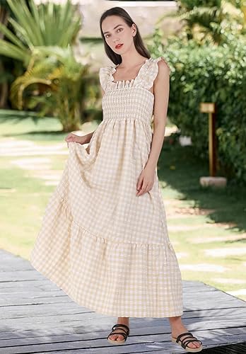 chouyatou Womens Retro Plaid Smocked Dress chouyatou Womens Retro Plaid Smocked Dress Spaghetti Strap Flounce Long DressSpaghetti Strap Flounce Long Dress