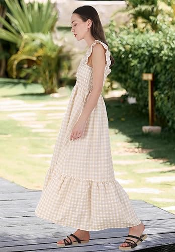 chouyatou Womens Retro Plaid Smocked Dress chouyatou Womens Retro Plaid Smocked Dress Spaghetti Strap Flounce Long DressSpaghetti Strap Flounce Long Dress