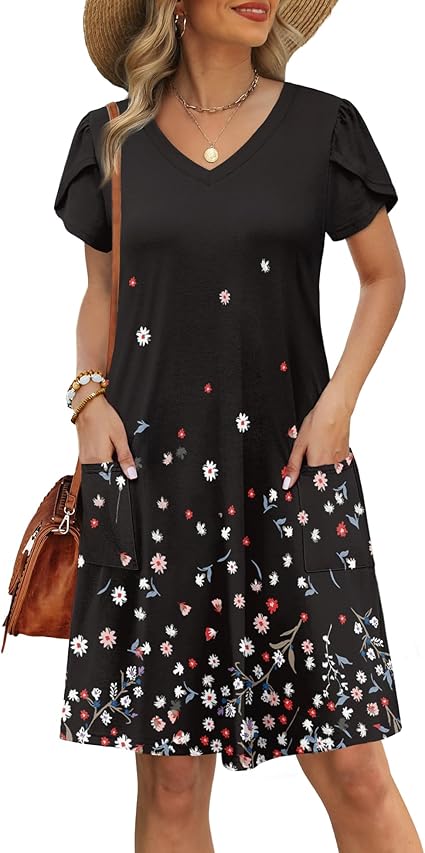 OFEEFAN Womens Summer Dresses 2025 OFEEFAN Womens Summer Dresses 2025 Tulip Petal Short Sleeve V Neck Loose Swing Sundresses with Pockets Plain/PrintTulip Petal Short Sleeve V Neck Loose Swing Sundresses with Pockets Plain/Print