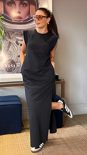 2025 GRECERELLE Women’s Long Maxi Dress Casual Loose Round Neck Split Pocket Style