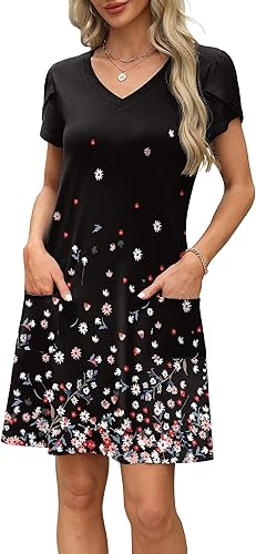 OFEEFAN Womens Summer Dresses 2025 OFEEFAN Womens Summer Dresses 2025 Tulip Petal Short Sleeve V Neck Loose Swing Sundresses with Pockets Plain/PrintTulip Petal Short Sleeve V Neck Loose Swing Sundresses with Pockets Plain/Print