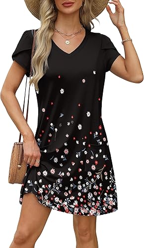 OFEEFAN Womens Summer Dresses 2025 OFEEFAN Womens Summer Dresses 2025 Tulip Petal Short Sleeve V Neck Loose Swing Sundresses with Pockets Plain/PrintTulip Petal Short Sleeve V Neck Loose Swing Sundresses with Pockets Plain/Print