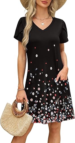 OFEEFAN Womens Summer Dresses 2025 OFEEFAN Womens Summer Dresses 2025 Tulip Petal Short Sleeve V Neck Loose Swing Sundresses with Pockets Plain/PrintTulip Petal Short Sleeve V Neck Loose Swing Sundresses with Pockets Plain/Print