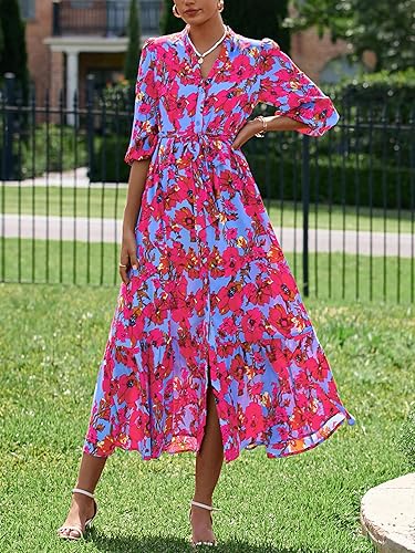 MASCOMODA Womens Floral Maxi Dresses Boho Summer Casual V Neck 3/4 Puff Sleeve Button Down Tie Waist Long Flowy Shirt Dress