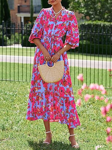 MASCOMODA Womens Floral Maxi Dresses Boho Summer Casual V Neck 3/4 Puff Sleeve Button Down Tie Waist Long Flowy Shirt Dress